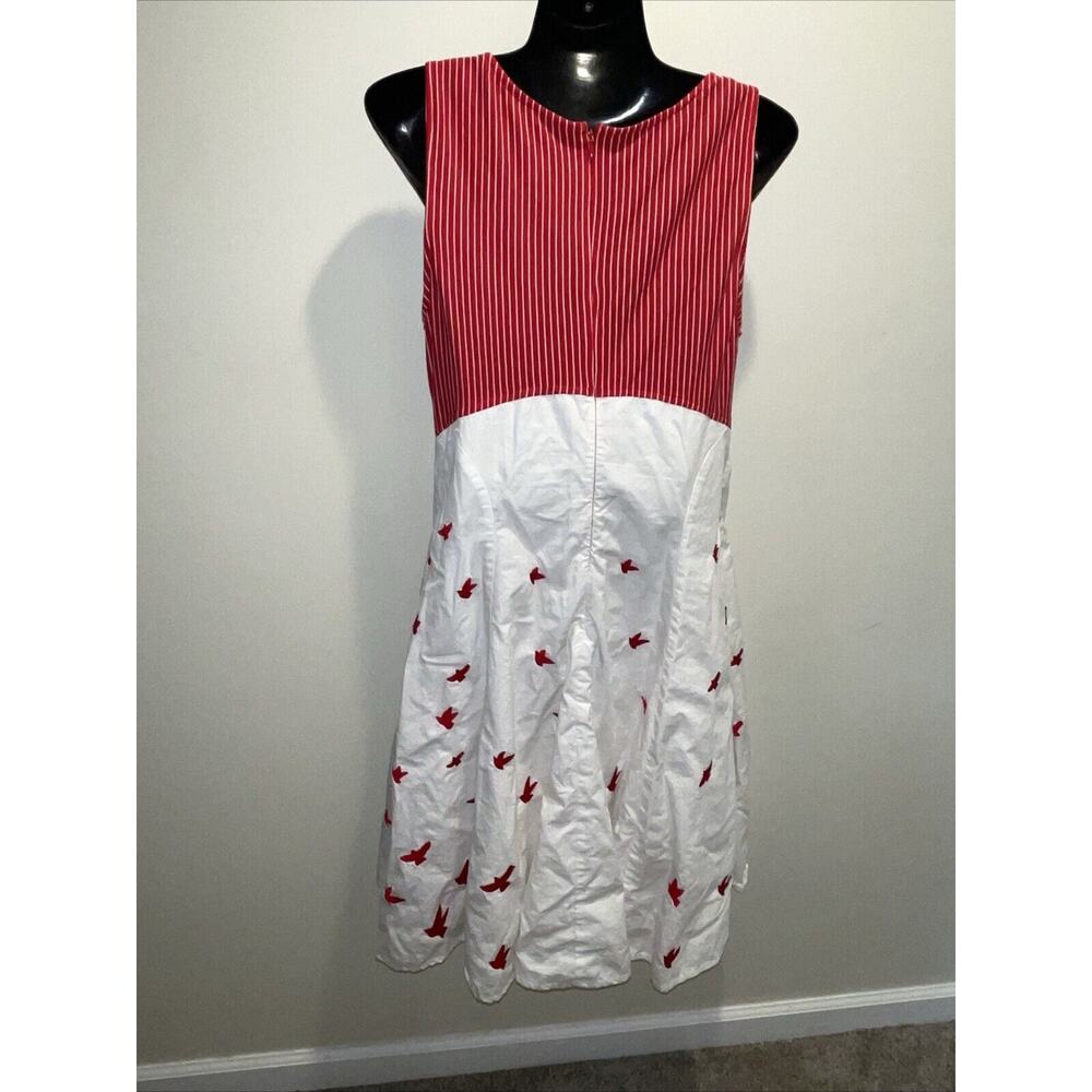 Eshakti Size L 14 Red White Stripe Bird Dress Full Flare Skirt Sleeveless Pocket - Picture 8 of 15